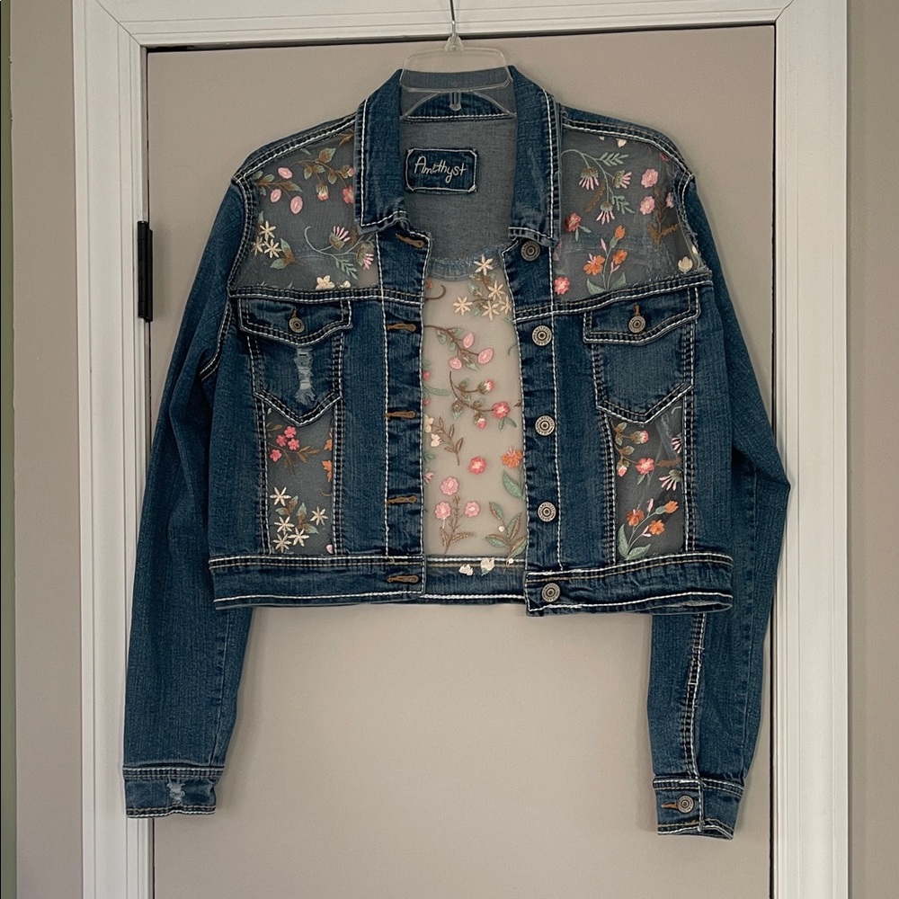 Anthropologie Dark Blue Denim Jacket with Pink, Orange & Green Floral Embroidery